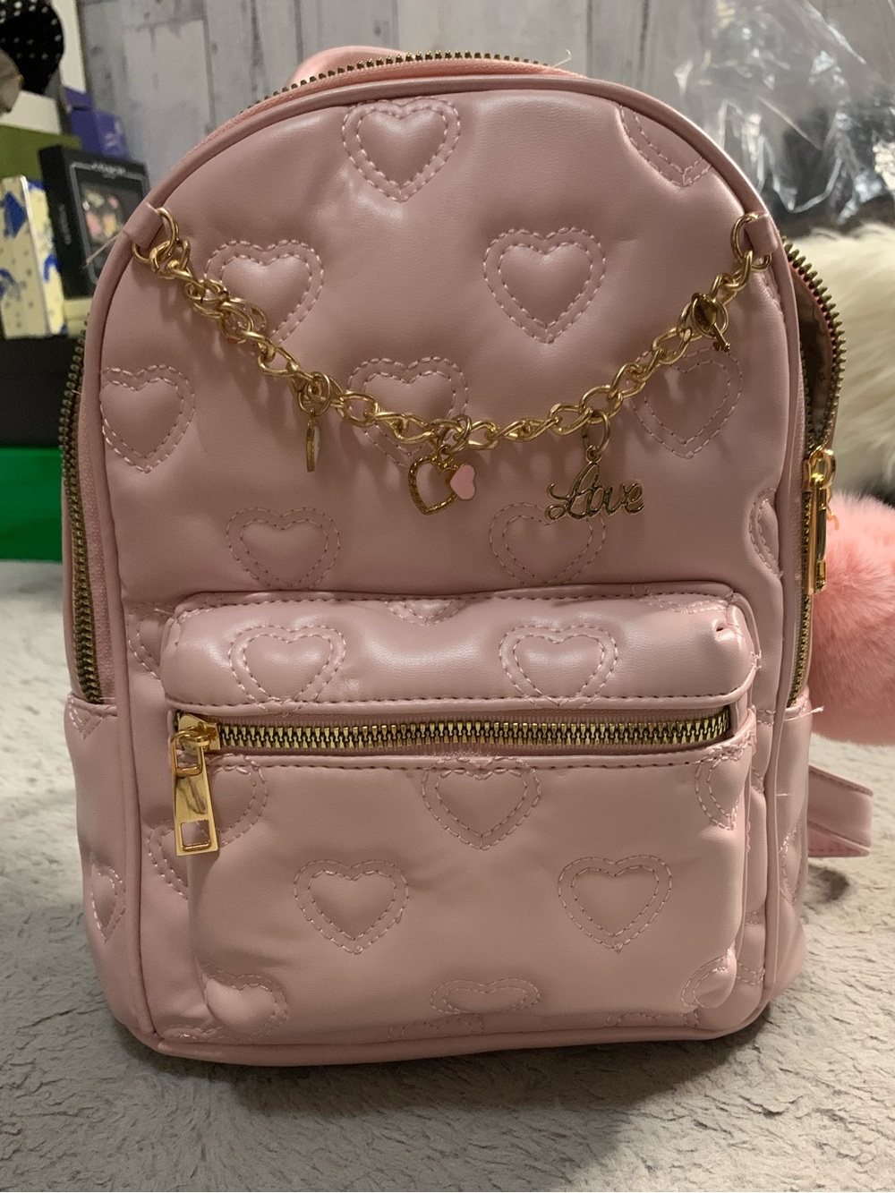 Pink Heart Quilted Mini Backpack with Gold Charm Chain